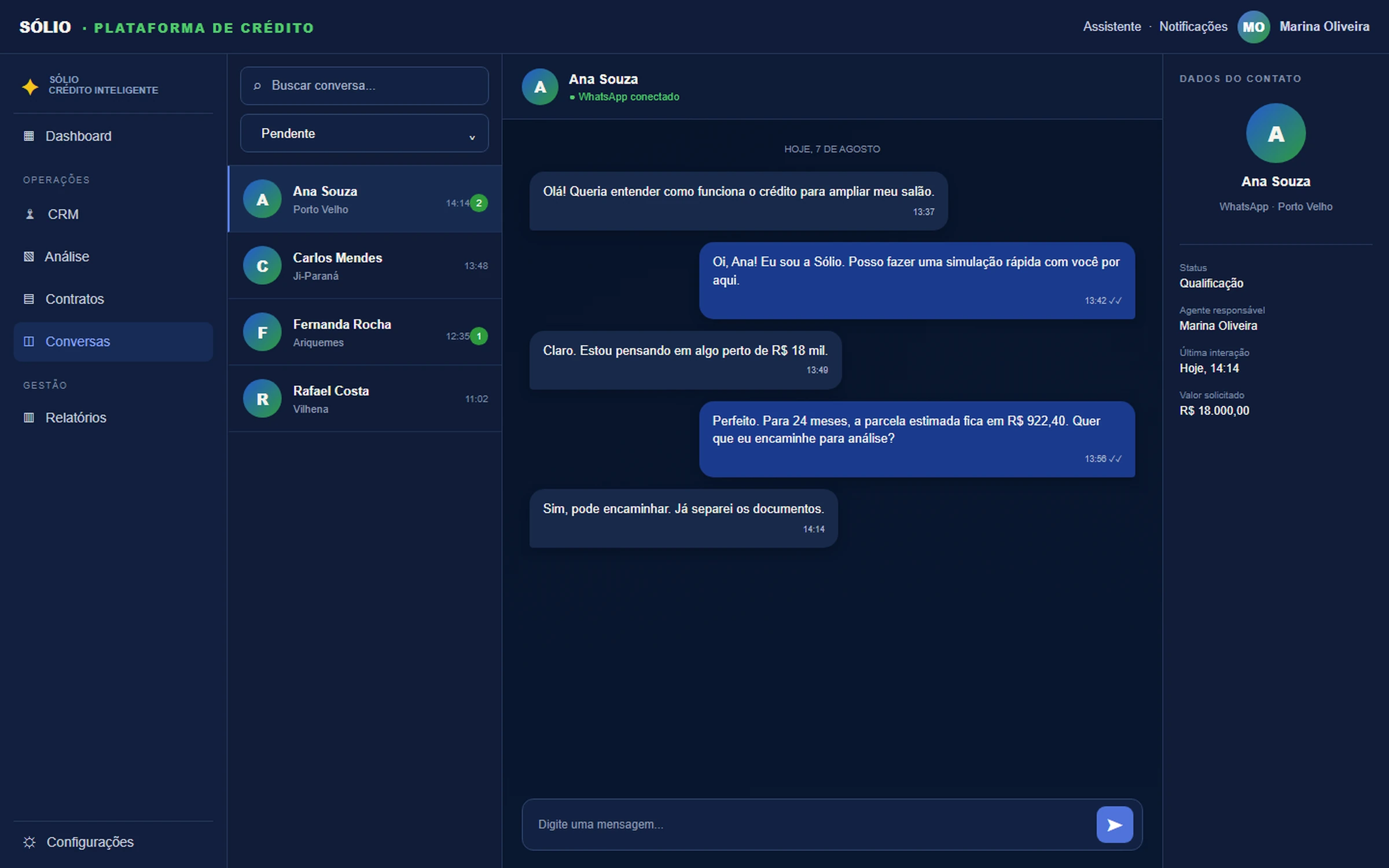 Inbox da Sólio com conversa atendida pela IA e resumo pronto para o analista